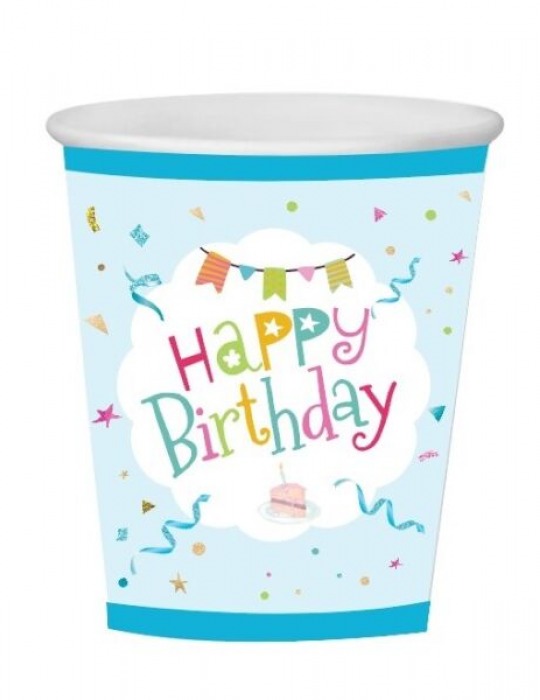 Karton Bardak Happy Birthday Mavi 8 Parça